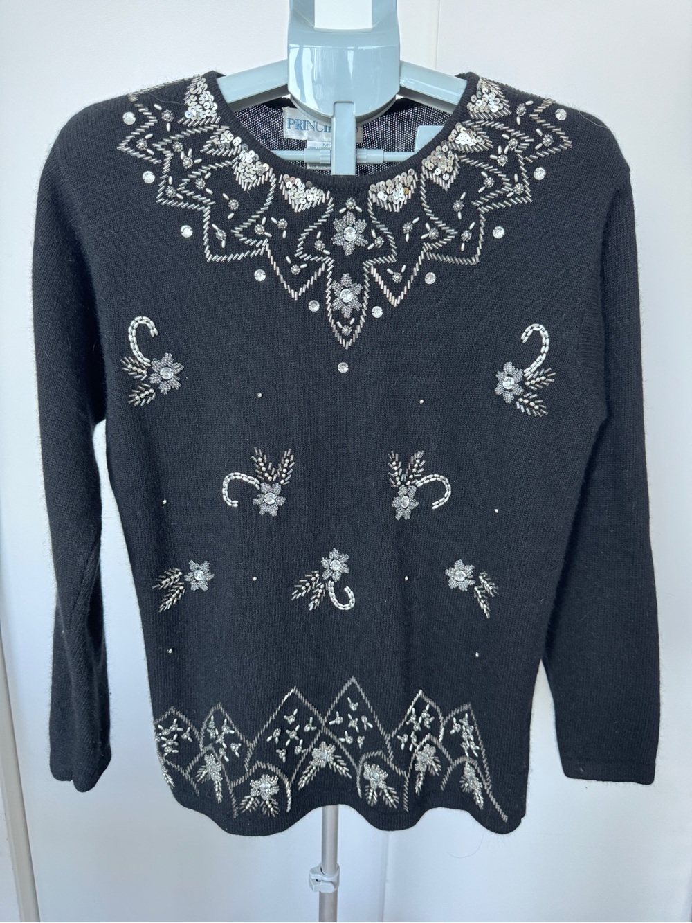 Principles Vintage Wool and Angora Embellished Black Crewneck Sweater